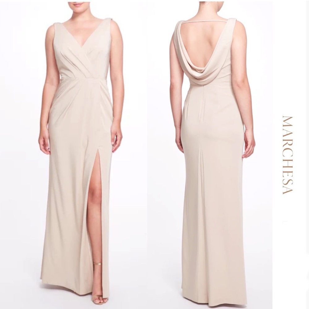 Marchesa - Notte - “Turin” Champagne V-Neck Gown With Draped Low Back